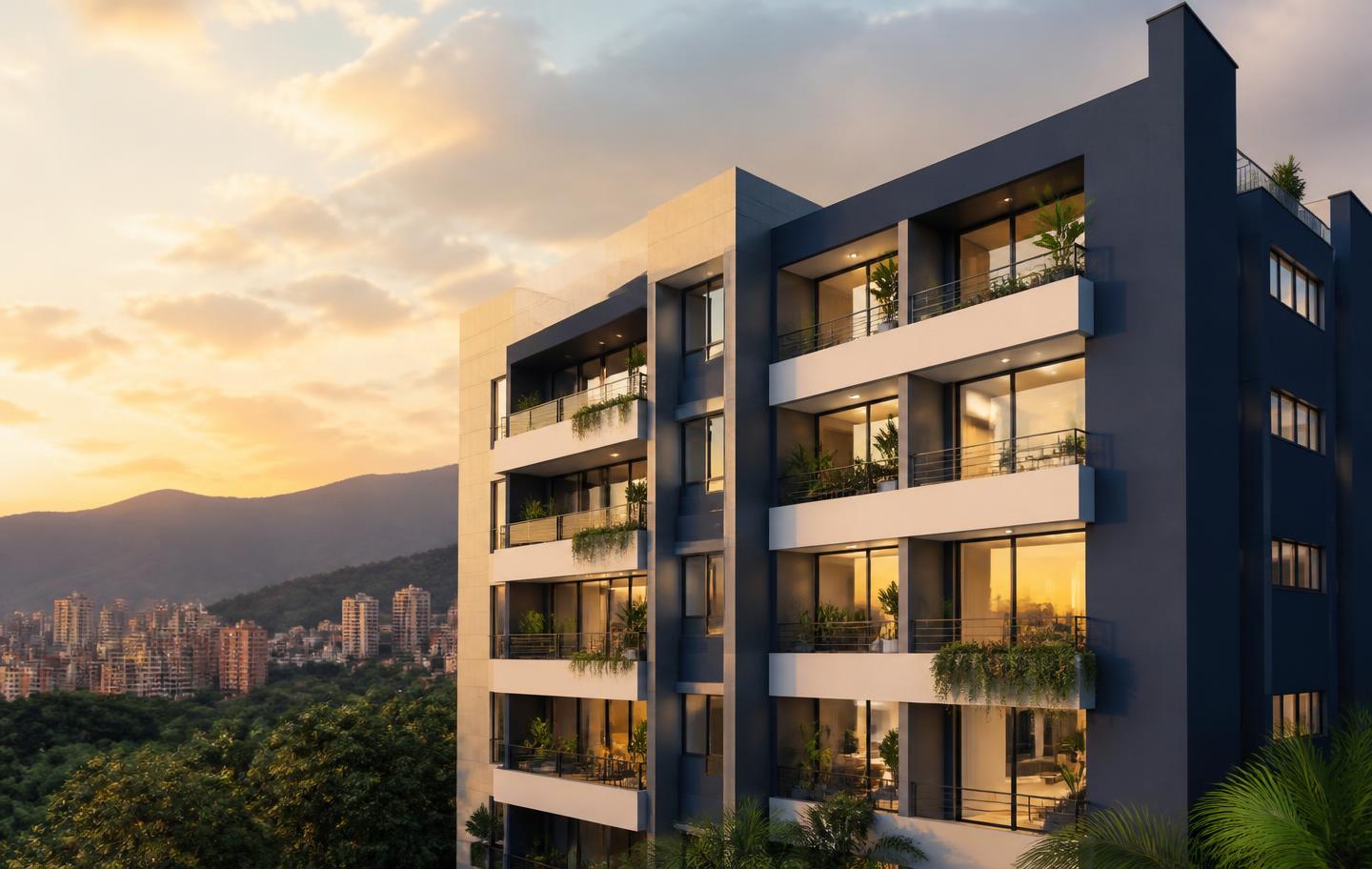 Edificio residencial moderno en Colombia al atardecer